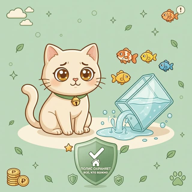 A cute, slightly guilty cat sits next to an overturned aquarium, water spreading across the floor. In the foreground is a translucent green shield with a policy icon and a checkmark. The background is a clean, uniform light green (like 'eco-calm'). Style: 2D illustration, soft outlines, cartoonish drawing, no dark tones. Colors: pastel, with an emphasis on green and beige.