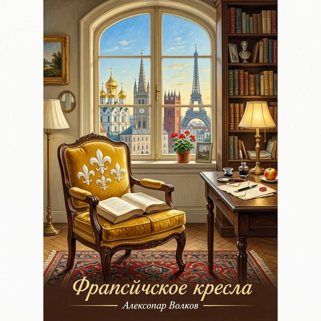 Нарисуй реалистичную картину для книжной обложки. Вид на часть комнаты второго этажа начала 20 века. На переднем плане французское кресло с жёлтой обивкой и вышитой белой лилией на спинке. На кресле лежит раскрытая книга. На заднем плане - вид православной русской церкви с золотыми куполами, французский готический храм, московский кремль и эйфелева башня. Внутри комнаты видно книжный шкаф и столик с раскрытым конвертом. Из окна светит яркое солнце. Текст (название книги) - Французское кресло.
