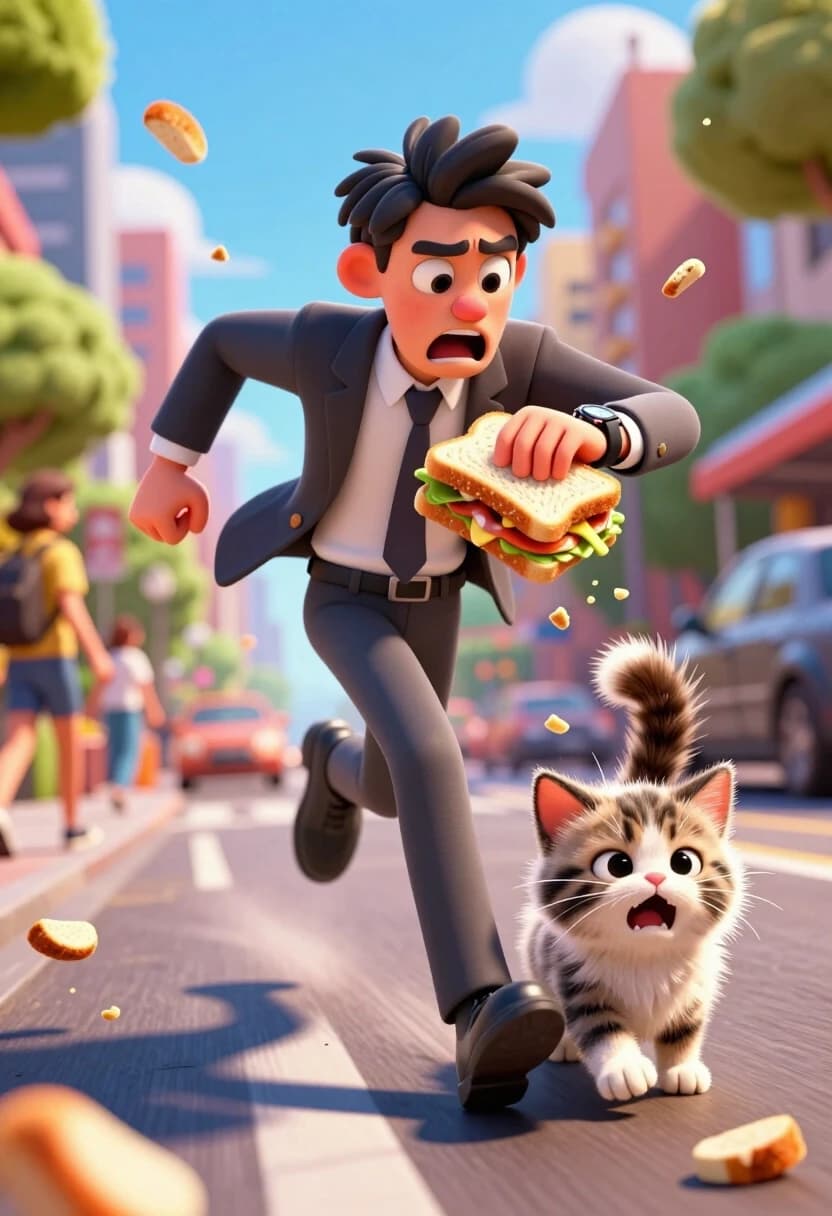 A dynamic, hyper-stylized 8k 3D render. A young professional is sprinting down a sunny city street, eyes wide with panic, looking at a wristwatch while aggressively eating a huge, messy sandwich on the run, with crumbs flying in the air. The camera is at a low, dynamic angle. At their feet, a tiny, fluffy kitten is captured in a moment of pure comic terror: it has arched its back into a high bridge, its fur is completely puffed up like a ball, and its tail is a thick, bristly pipe. The background is a vivid, colorful blur of city life and pedestrians. Lighting: bright, saturated morning sunlight with sharp, playful shadows. Shot with a wide-angle lens to enhance the sense of speed and chaos. Extreme detail on the flying bread crumbs, the texture of the clothing, and the individual electrified hairs of the frightened kitten. High energy, slapstick humor, volumetric depth.
