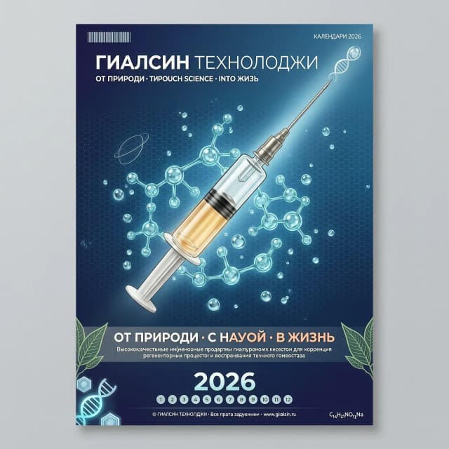 Создать годовой календарь на 2026 год.  Для компании ГИАЛСИН ТЕХНОЛОДЖИ
Использовать этот слого ОТ ПРИРОДЫ - С НАУКОЙ - В ЖИЗНЬ
ГиалСин Технолоджи компания, которая специализируется на разработке, производстве и внедрении в медицину высококачественных инъекционных препаратов гиалуроновой кислоты.
Используя сырьё от мирового лидера биотехнологий, компания выпускает препараты для коррекции регенераторных процессов и восстановления локального тканевого гомеостаза, предназначенные для лечения остеоартроза и заболеваний, связанных с дистрофией соединительной ткани (изменением её структуры и функции) в травматологии, ревматологии, офтальмологии, гинекологии, хирургии, стоматологии, неврологии. Использовать картинки с молекулами и шприцами с люрексовым замком.