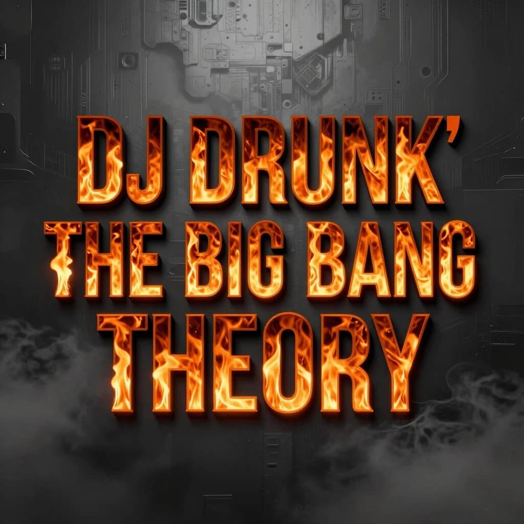 Trendy 2026 electronic music album cover. Dark grayscale photorealistic background with subtle metallic textures and deep gray fog. Hyper-bold, wide contemporary font placed in the center on three lines: line 1 "DJ DRUNK'", line 2 "THE BIG BANG", line 3 "THEORY". Font mask design with a violent burning inferno and realistic orange fire trapped strictly inside the letters. High contrast between the hot fire text and the cold gray backdrop. Cinematic lighting, sharp details, professional EDM rave branding, 8k resolution --ar 1:1 --v 6.0 --style raw