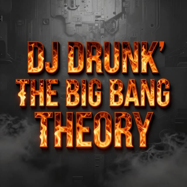 Trendy 2026 electronic music album cover. Dark grayscale photorealistic background with subtle metallic textures and deep gray fog. Hyper-bold, wide contemporary font placed in the center on three lines: line 1 "DJ DRUNK'", line 2 "THE BIG BANG", line 3 "THEORY". Font mask design with a violent burning inferno and realistic orange fire trapped strictly inside the letters. High contrast between the hot fire text and the cold gray backdrop. Cinematic lighting, sharp details, professional EDM rave branding, 8k resolution --ar 1:1 --v 6.0 --style raw