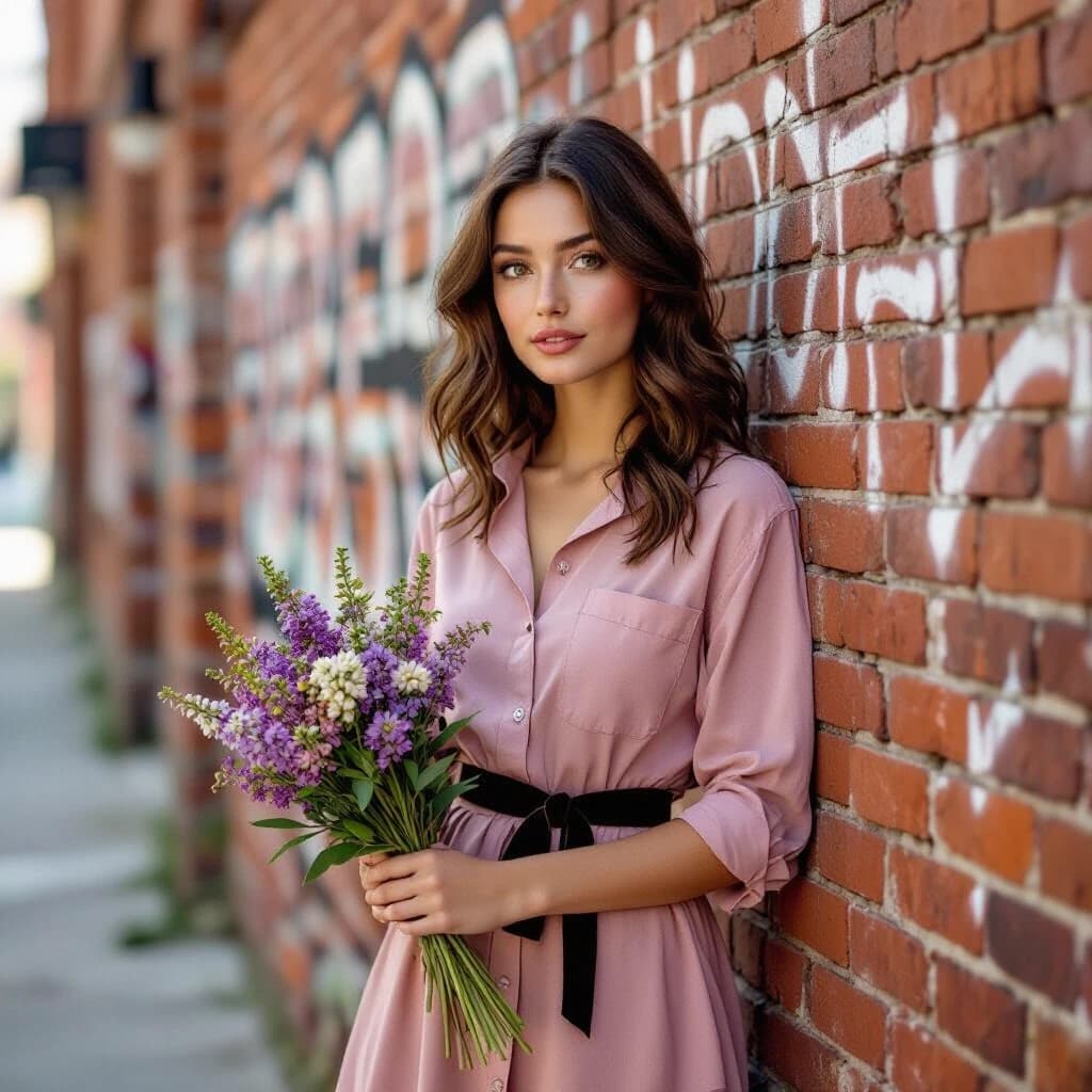 A young woman with wavy dark brown hair and freckles stands against an old brick wall on a narrow city alley. She wears a dusty pink shirtdress with an asymmetrical hem and a black velvet belt; the sleeves are rolled up to the elbows. She holds a carelessly arranged bouquet of buddleia, a few sprigs slightly fallen. She doesn't look at the camera, but gazes thoughtfully at the graffiti on the wall, as if remembering something. The photo was taken on 35mm film, in warm daylight, with a slight grain, crisp textures of brick and fabric, and a medium depth of field: the figure is in focus, the edges of the frame are slightly softer.