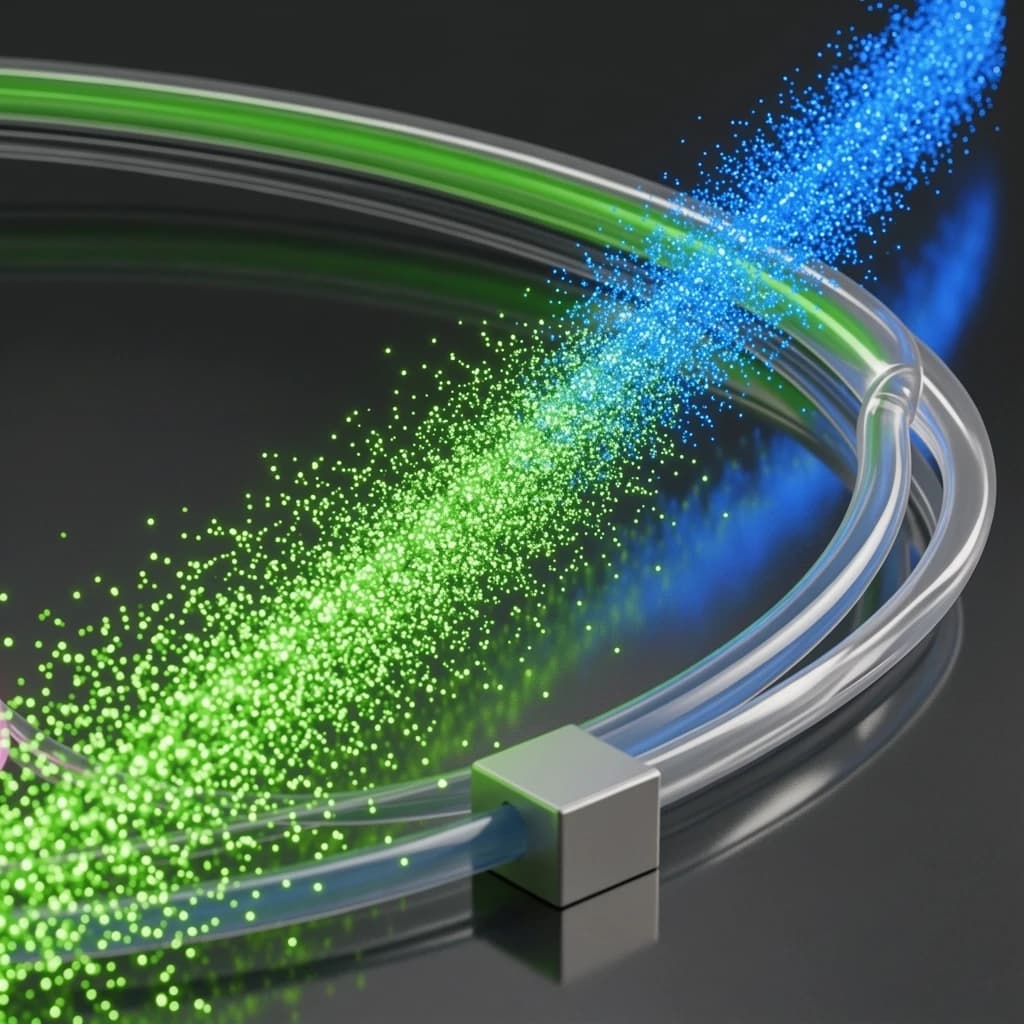 3D render, surface reflections, 3D rendering, surface reflections, 2 transparent tubes, reflecting on the surface below, clear image, highlights and reflections, a stream of glowing green energy particles rushes towards a stream of blue particles inside the ring tubes of the CERN