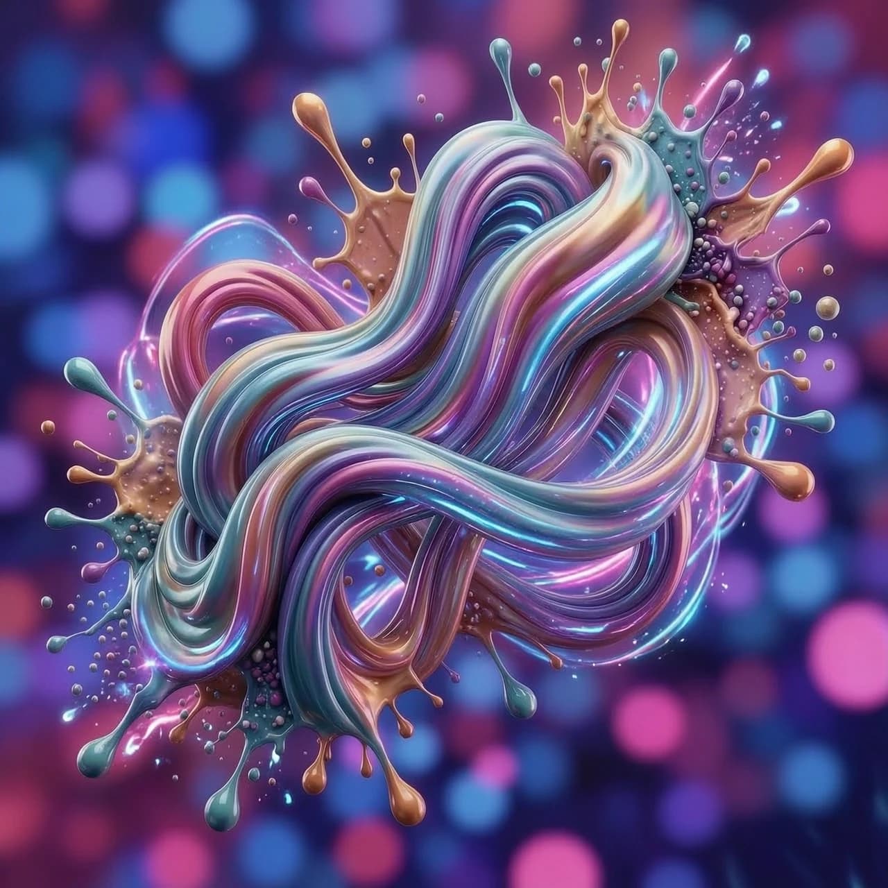 Abstract 3D background for a rhythm game application, dynamic fluid motion, intricate intertwining of vibrant neon silk ribbons and liquid chromatic waves, flowing iridescent textures, swirling multi-colored energy streams, volumetric lighting, depth of field, macro photography style, high-gloss finish, glowing particles and light trails, rhythmic composition, psychedelic color palette with deep blues, hot pinks, and electric violets, cinematic lighting, Octane Render, 8k resolution, hyper-detailed, energetic and uplifting mood, flowing organic shapes, flowing motion blur.

Ну не море же!

Разноцветный!!!

Динамичная абстрактная композиция, представляющая собой переплетенные, текучие ленты густой глянцевой краски, закрученные в сложный узел. Основной объект состоит из объемных, гладких жгутов различных цветов — бирюзового, пурпурного, золотистого и кораллового, которые создают ощущение бесконечного движения и трехмерности. Из центральной фигуры во все стороны разлетаются экспрессивные брызги, капли и кляксы краски, создавая эффект взрыва или застывшего в полете всплеска жидкости. Фон абсолютно чистый, белый и минималистичный, что позволяет полностью сфокусироваться на деталях объекта. Освещение мягкое, студийное, с выраженными бликами на глянцевых поверхностях, подчеркивающими текстуру вязкой субстанции и её обтекаемую форму. Палитра насыщенная и многогранная, сочетающая глубокие сине-зеленые оттенки с теплыми золотыми и розовыми тонами. Художественный стиль напоминает современную 3D-графику высокого разрешения с гиперреалистичной проработкой материалов. Атмосфера произведения наполнена энергией, творческим хаосом и эстетикой чистого визуального наслаждения.

Мне нужен размытый фон, полностью заполненный холст с размытыми и четкими чертами.