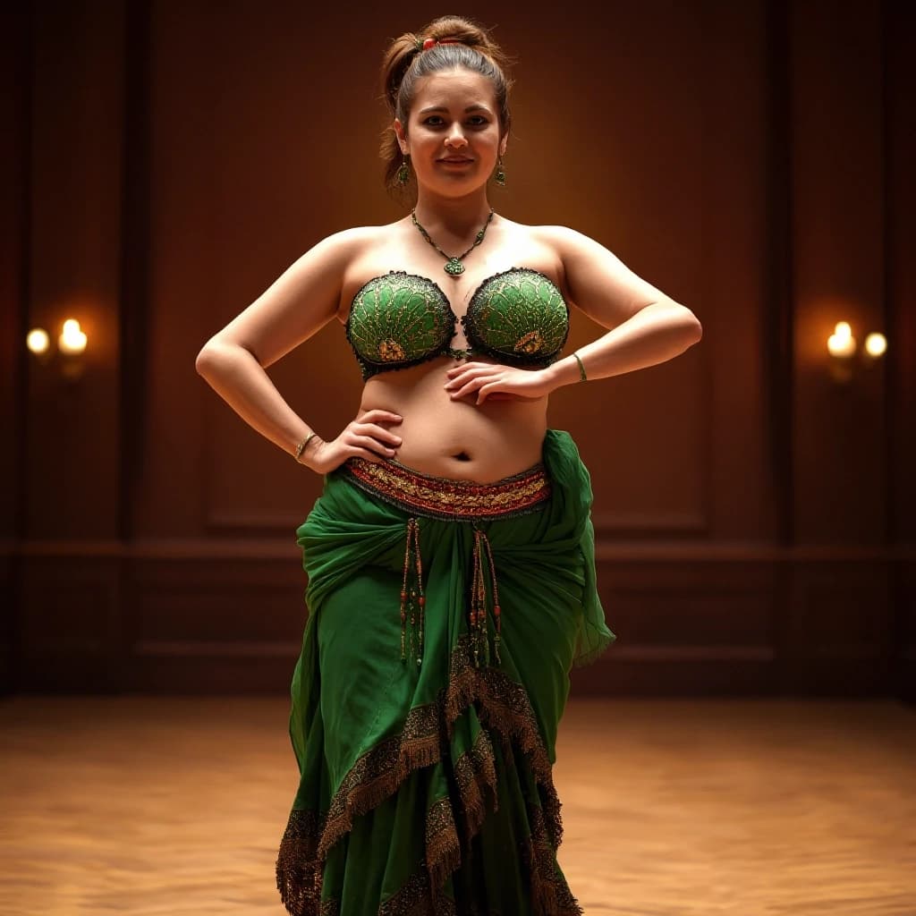 front view chubby belly dancer fifty years woman in green costume brown short ponytail hair stand in hall