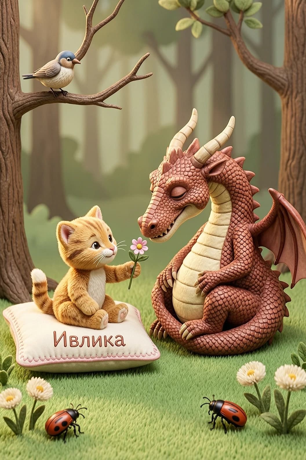 Милое разрешение кризиса: кукольный стиль (уютный, тактильный, трогательный)
Нарисуй сцену в кукольном стиле, будто это кадр из доброго мультфильма: котёнок и дракон сидят друг напротив друга на уютной лесной полянке. Дракон огромный, но свернулся в клубок, чтобы казаться меньше, и слегка прикрыл глаза, делая вид, что он совсем не страшный. Котёнок тянет к нему лапку и кладёт на нос дракона крошечный цветок — это жест примирения. В его взгляде — доверие и желание подружиться. Надпись «Ивлика» органично вписана как вышитый узор на мягкой подушечке, на которой устроился котёнок: аккуратные стежки, пастельные тона, будто это любимая игрушка. Детали: вокруг — мягкая трава, пушистые одуванчики, пара лесных жуков, которые с интересом наблюдают за происходящим; на ветке дерева — маленькая птичка, она чуть наклонила голову, будто не верит, что эти двое теперь друзья. Свет тёплый, рассеянный, с золотистыми бликами на шерсти и чешуе, подчёркивающий «плюшевость» текстур. Композиция — спокойная, симметричная: котёнок и дракон в центре, природа вокруг создаёт ощущение безопасности. Эмоции: доверие и нежность котёнка, трогательная уязвимость дракона.