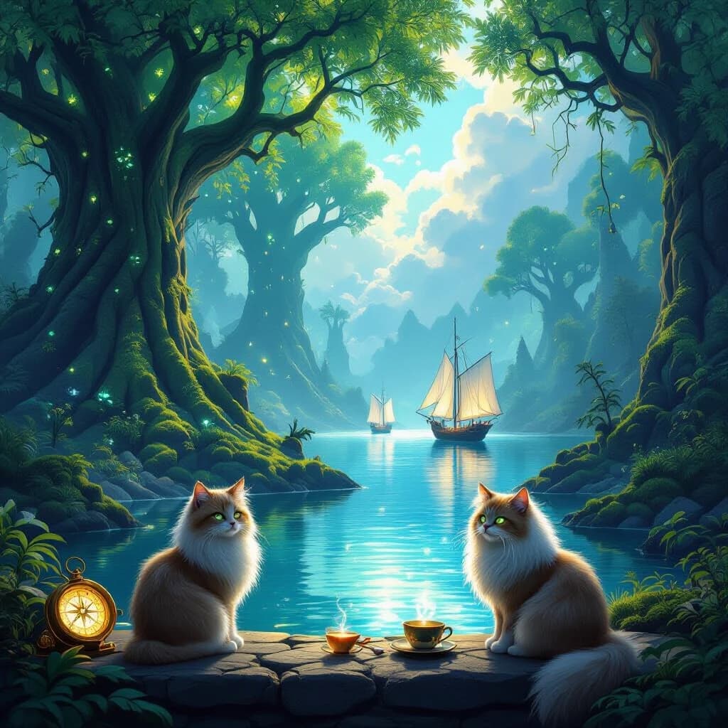 Epic fantasy digital painting, a magical glowing forest with towering ancient trees with bioluminescent leaves, lush green moss, and floating glowing spores. In the distance, a crystal-clear lake reflects fluffy white clouds and majestic sailing ships with glowing silver sails floating peacefully on the water. In the foreground, a wise fluffy cat sits on a stone ledge, looking at the viewer with glowing eyes. A mystical glowing compass and a cup of hot tea are on the table next to the cat. Soft ethereal sunlight breaking through the mist, cinematic volumetric lighting, deep rich colors, highly detailed, 8k, masterpiece, artstation style.