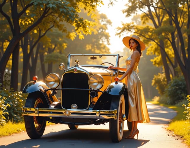 Masterpiece oil painting on a heavy, coarse-textured linen canvas, executed with masterful, thick impasto brushwork and the nostalgic, epic aesthetic of 1980s high-fantasy book cover art. Cinematic vintage portrait of a 1920s luxury automobile parked on a sun-dappled, tree-lined road during the peak of golden hour. Three-quarter front view composition with a large, polished wooden-spoked wheel and gleaming chrome bumper dominating the foreground to create depth. Beside the car stands an elegant woman in authentic period attire, wearing a flowing, soft satin champagne dress with a delicate pleated skirt, a wide-brimmed straw hat, fine leather driving gloves, and low-heel shoes. Her pose is poised and confident: one hand rests gracefully on the fender while the other lightly touches the windshield frame, her expression featuring a subtle, enigmatic smile. Lighting is dramatic and warm, with soft rim backlight and golden directional sunlight creating brilliant highlights on the chrome accents and the lustrous sheen of the satin. Shallow depth of field with creamy, painterly bokeh blurring the lush forest background. A muted palette of olive greens, warm beige, and amber tones, reminiscent of rich, classic color film with fine grain and cinematic color grading. Extreme attention to tactile textures: the weave of the linen, the grain of the wood, the smoothness of polished chrome, and the delicate fibers of the straw hat. Low camera angle, medium telephoto perspective, slight vignette