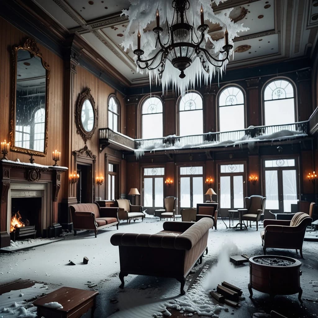 An elegant abandoned hotel lobby with a roaring fireplace, antique furniture, crystal chandelier, snow blowing against tall windows, no people, eerie silence, warm interior contrasting with the frozen world outside, cinematic realism, highly detailed.