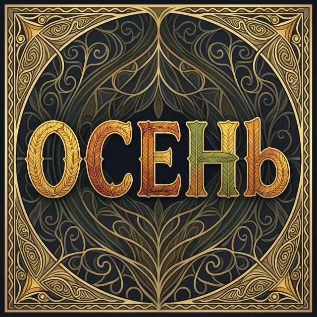 Digital image with double exposure and overlay of layers and textures. Vector graphics. The word "OCEHb" is made of gold, crimson and green skeletonized textured autumn leaves in various shades of yellow, orange, green and red. An unusual font made of autumn leaves. A very detailed and impressive font. Font and background contrast, fading, gradient. Background: a lot of dark with light ornaments. Delicate elements of the floral pattern. Gothic, decorative style, Art Nouveau. Abstract vector fractal pattern, Zentangle, Gothic, dark art. In the style of Alphonse Mucha, Gustav Klimt, Aubrey Beardsley and Roman Tirtov. High level of detail.