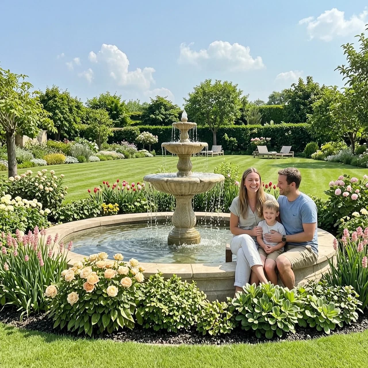Create a one-minute video on the topic of landscape design. A young, happy family with children is relaxing in a beautiful, well-maintained recreational area. There is abundant greenery, flowers, a fountain, and sunshine all around.