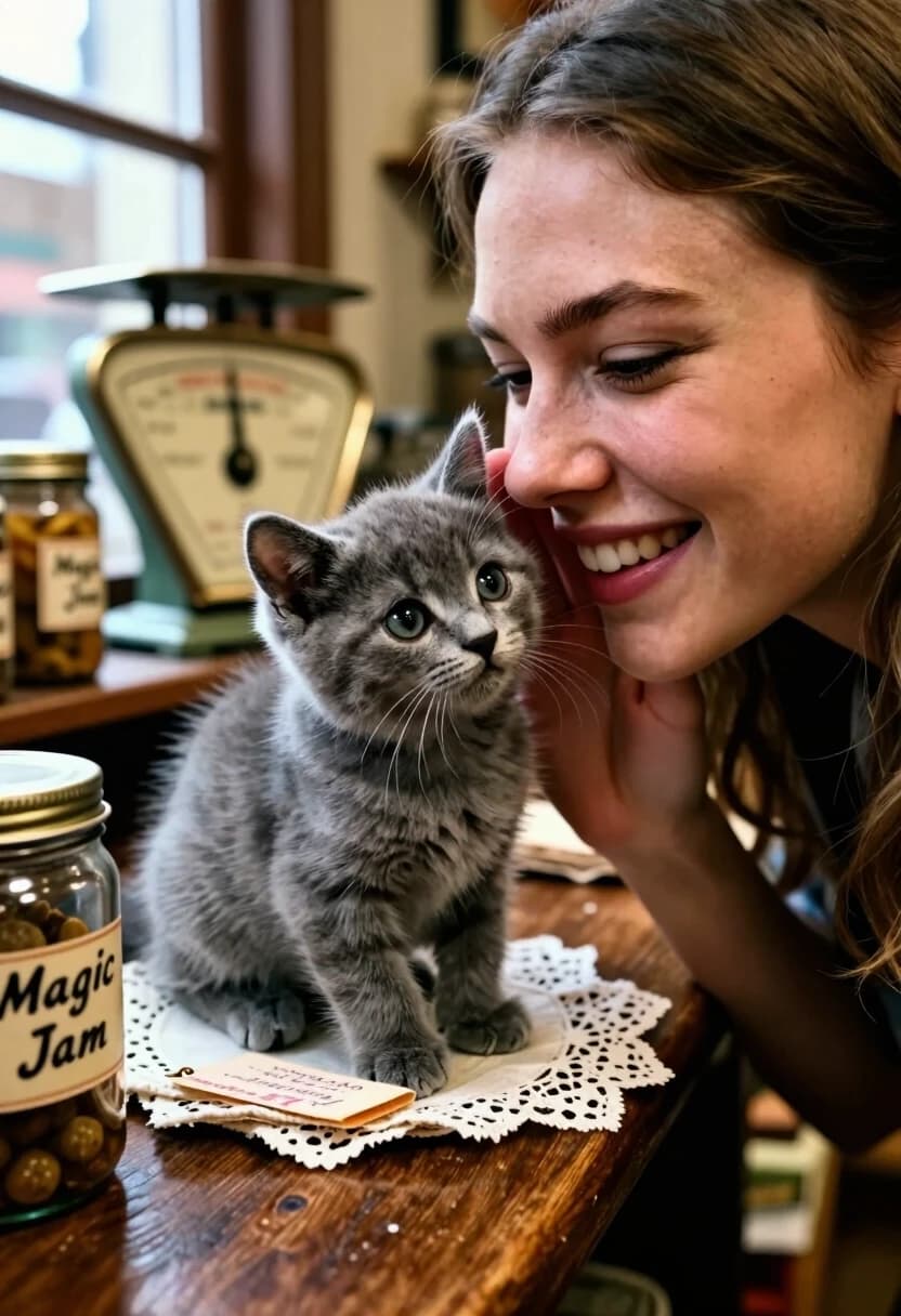 A high-detail, close-up cinematic shot from a slightly elevated angle, focusing on a polished wooden counter of a vintage general store. The frame is dominated by the expressive faces of a young woman and a tiny, fluffy grey kitten. The woman is leaning in close, whispering a secret to the kitten, her eyes twinkling with mischief and a playful, affectionate smile. Her cheek is almost touching the kitten's soft ear.

The kitten is sitting on a stack of vintage lace napkins, looking up at her with huge, soulful, blinking eyes and a tiny pink nose, as if it truly understands the secret. One paw is delicately placed on a hand-written price tag of a "Magic Jam" jar.

The composition uses a strong diagonal line from the woman's face to the kitten. The background is a rich, warm blur of antique jars, old-fashioned scales, and a faded wooden sign. The lighting is soft and romantic, coming from a nearby window, highlighting the translucent quality of the kitten's whiskers and the subtle pores of the woman's skin. The image feels tactile, warm, and deeply emotional.

Keywords: extreme close-up, emotional connection, mischievous smile, fluffy grey kitten, vintage general store, tactile textures, soft window lighting, intimate atmosphere, hyper-realistic skin and fur.