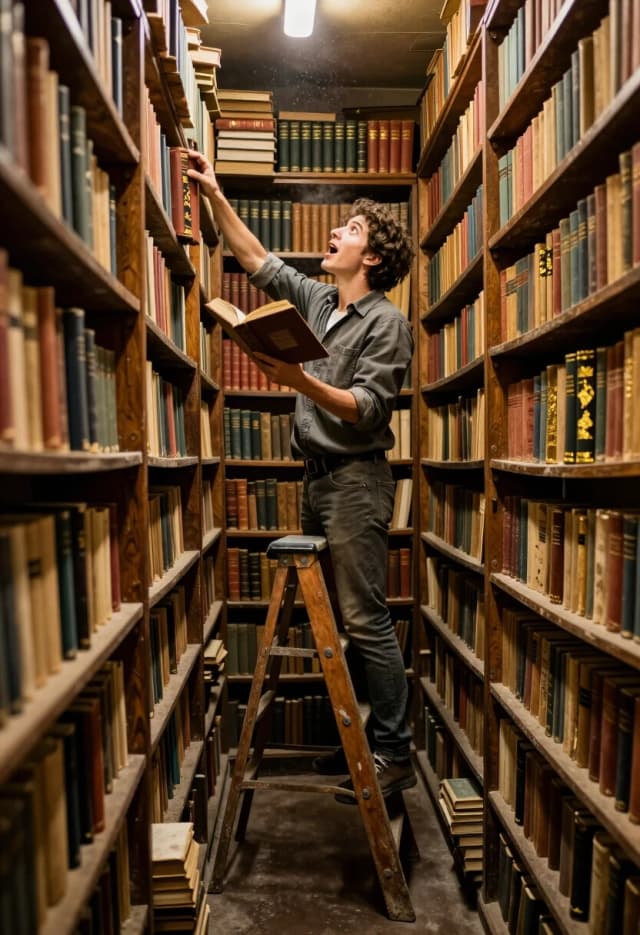 Photorealistic wide shot of a passionate reader in a dusty, narrow aisle of an ancient bookstore. The shelves reach the ceiling, overflowing with weathered spines and leather-bound classics. The person is standing on a wooden rolling ladder, reaching for a rare volume with a look of pure excitement. Warm, dim lighting with a golden hue, smelling of old paper and vanilla. Detailed textures of mahogany wood, peeling gold leaf on book covers, and floating dust. Shot on 35mm lens, natural cinematic lighting, 8k, authentic academic aesthetic.