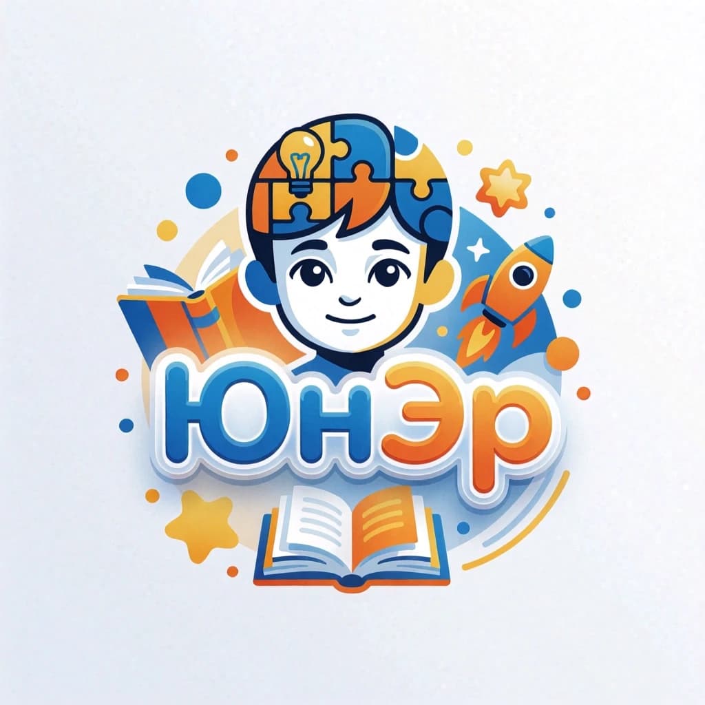 Создай логотип для YouTube-канала "ЮнЭр" на тематику воспитания и развития детей. Стиль: современный, дружелюбный, детский, но при этом профессиональный.

**Основные элементы:**
1. Стилизованное лицо ребёнка (нейтрального пола, 3-8 лет), где:
   - Голова и мозг выполнены из **головоломок и лампочек**, символизирующих интеллект и креативность.
   - Глаза — яркие, выразительные, как у ребёнка.
   - Рот — улыбка или нейтральное выражение.
2. Текст "ЮнЭр" в центре:
   - Шрифт: округлый, дружелюбный, но чёткий (например, как у Disney или Roboto Round).
   - Цвет: **градиент от синего (🔵 #0077FF)** до **оранжевого (🟠 #FF8C00)**.
   - Эффект: лёгкий блеск или тень для объёма.
3. Дополнительные элементы (на заднем плане или вокруг текста):
   - Книги с открытыми страницами.
   - Маленькая ракета или звёздочка (символ энергии).
   - Звёзды или точки (как в детских развивающих играх).
4. Цветовая палитра:
   - Основные: синий (🔵 #0077FF), оранжевый (🟠 #FF8C00), жёлтый (🟡 #FFD700).
   - Фон: белый (⚪ #FFFFFF) или очень светлый серый (🟤 #F5F5F5) для контраста.
5. Стиль:
   - **Плоский дизайн (flat design)** или лёгкий **3D-эффект** (тени, блики).
   - **Векторный стиль** (чёткие линии, без излишней детализации).
   - Разрешение: **высокое (4K, 1920x1080 или 16:9)**.

**Дополнительные уточнения:**
- Логотип должен быть **узнаваемым** на фоне любого цвета (лучше на светлом).
- Избегай сложных элементов — логотип должен легко масштабироваться (например, для иконки канала).
- Добавь лёгкую динамику (например, искры или лучи света от лампочек), чтобы подчеркнуть энергию.