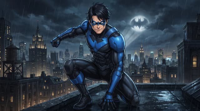 DC Comics (Франшиза), Найтвинг (Грейсон), уверенный взгляд, боевая стойка, на крыше, на фоне ночного Готэма, стиль аниме с реалистичными деталями