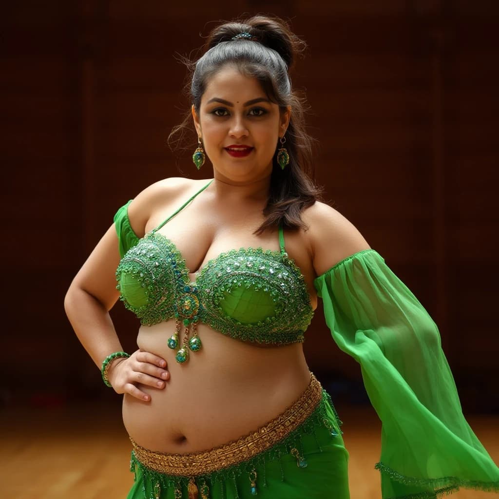 front view chubby belly dancer fifty years woman in green costume brown short ponytail hair stand in hall