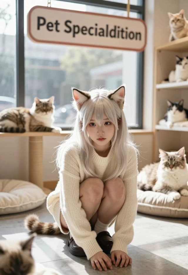 A photorealistic interior of an unusual pet store. In the center is a girl in the guise of a catgirl: platinum hair, delicate cat ears, a soft gaze. She is crouching, with her hands on the floor, like a curious kitten. Around her, there is natural daylight coming from a large window. In the background, other catgirls like her are lounging on pillows. “Catgirl” is presented not as an animal, but as a cosplayer in a staged humorous scene: above her is a playful sign that reads “Pet Special Edition.” Small details: the texture of the knitted sweater, individual hairs, soft fur on the ears, realistic skin. 8K, cinematic lighting, depth of field, ultra‑detailed textures, natural colors.