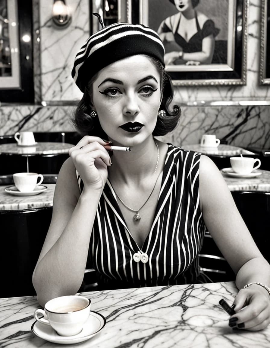 vintage monochrome portrait of a woman in a french cafe setting. the subject is depicted from the waist up, looking slightly away from the camera. she is dressed in a striped top and a classic beret, with bold makeup featuring winged eyeliner and dark lipstick. she holds a vintage cigarette holder in one hand and rests her other hand on the marble tabletop next to a white coffee cup and saucer. the lighting is soft, creating a classic mid century aesthetic