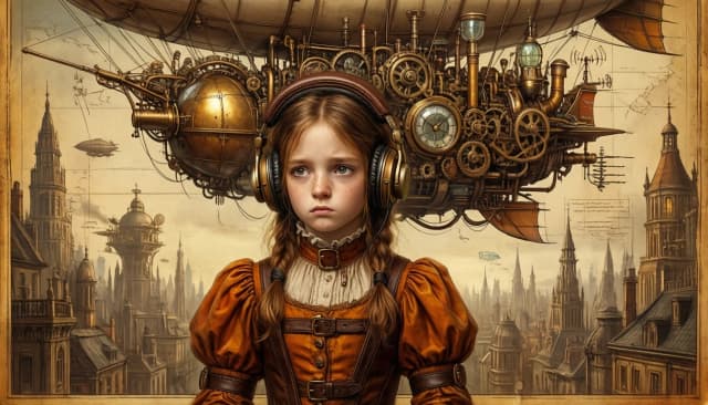 Молодая девочка с веснушками и косичками.
Серьезное, задумчивое и немного меланхоличное выражение лица.
На голове — большие, винтажные наушники/гарнитура из латуни и кожи.
Одежда: пышное платье в стиле ретро/викторианской эпохи оранжево-коричневого цвета с объемными рукавами, кожаными ремнями и манжетами.
🔹 Механическое устройство:
Огромный, сложный механизм, парящий прямо над головой девочки.
Напоминает дирижабль, летающую машину или сложный часовой механизм.
Состоит из больших сферических резервуаров, труб, шестеренок, антенн и подвесных элементов.
Высокая детализация металлических и стеклянных текстур.
🔹 Фон (Город):
Фантастический стимпанк-город на заднем плане.
Высокие шпили, башни, парящие в воздухе конструкции.
Стиль отрисовки фона напоминает старинную карту, чертеж Леонардо да Винчи или классическую живопись.
🔹 Стиль и Атмосфера:
Стиль: Стимпанк, ретро-футуризм, смешение классического портрета и научной фантастики.
Цветовая палитра: Теплые сепия, охра, коричневые и золотистые тона.
Текстура: Эффект старой, пожелтевшей бумаги или пергамента по краям.
Кинематографичное, мягкое освещение.
Высокое разрешение (8k), стиль цифрового шедевра.