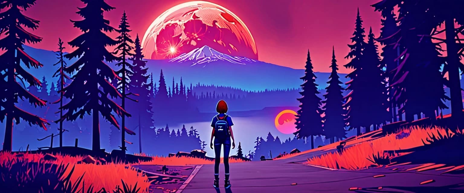 A natural landscape, art from *Life Is Strange*, Chloe Price, retro rave style, neon color, indigo, chrome, blood‑moon colors Nuclear flame of amber color