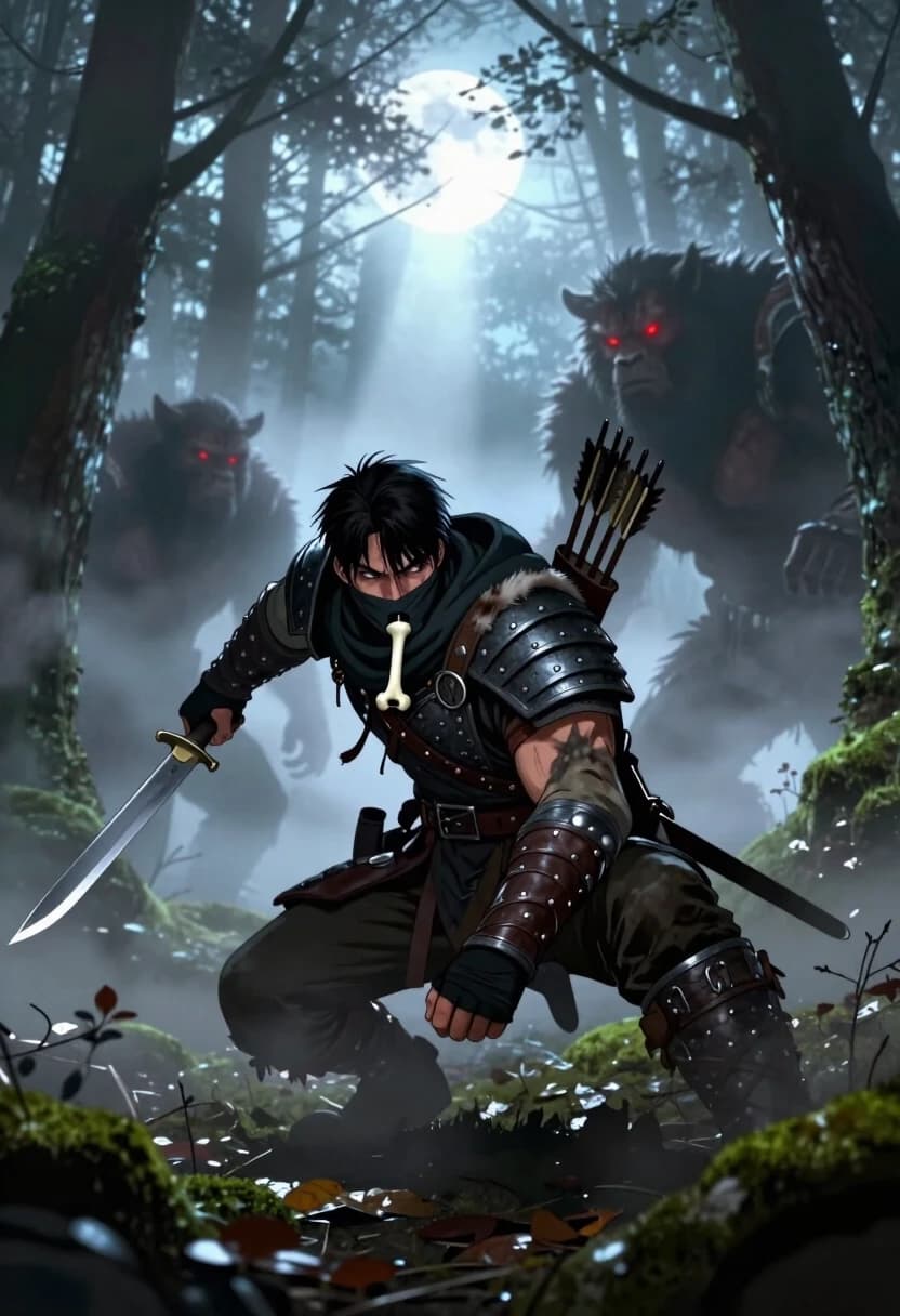 Dynamic, cinematic illustration in the style of modern Korean manhwa. Low-angle shot from the ground, looking up at an Orcish Hunter crouching low in a dense, foggy forest. He’s tracking beastmen — his eyes are narrowed, focused, scanning the mist for any sign of movement. His body is tense, ready to spring; one hand rests on the hilt of a long, serrated knife, the other grips a small, bone-carved whistle used to signal allies.

The forest is shrouded in thick, swirling mist that obscures the background, creating a sense of isolation and danger. Shafts of cold blue moonlight pierce through the trees, illuminating patches of wet leaves and moss. In the distance, barely visible through the fog, are the glowing red eyes of the beastmen — they’re closing in, surrounding the hunter.

The hunter’s gear is practical and worn: leather armor with metal reinforcements, a quiver of arrows slung across his back, and a cloak made from the pelt of a slain predator. His face is partially covered by a dark scarf, protecting him from the cold and hiding his identity.

The composition is asymmetrical, with strong diagonal lines created by the trees and the hunter’s posture, adding tension and dynamism. The foreground is sharp and detailed, while the background fades into soft, painterly blur, emphasizing the depth of the forest.

Lighting is high-contrast, with deep shadows and bright highlights; the moonlight creates dramatic chiaroscuro effects, highlighting the texture of the hunter’s armor and the mist in the air.

Technical: 8K resolution, sharp focus on the hunter, shallow depth of field for the background; heavy use of contrast and saturation; dynamic camera angle; mood of suspense, danger, and calculated aggression.
