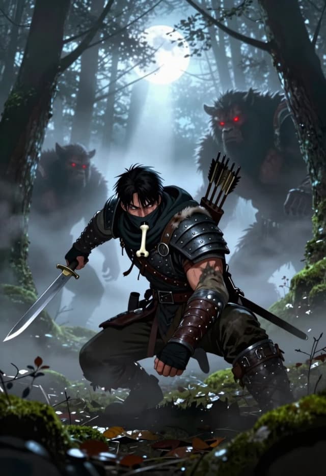 Dynamic, cinematic illustration in the style of modern Korean manhwa. Low-angle shot from the ground, looking up at an Orcish Hunter crouching low in a dense, foggy forest. He’s tracking beastmen — his eyes are narrowed, focused, scanning the mist for any sign of movement. His body is tense, ready to spring; one hand rests on the hilt of a long, serrated knife, the other grips a small, bone-carved whistle used to signal allies.

The forest is shrouded in thick, swirling mist that obscures the background, creating a sense of isolation and danger. Shafts of cold blue moonlight pierce through the trees, illuminating patches of wet leaves and moss. In the distance, barely visible through the fog, are the glowing red eyes of the beastmen — they’re closing in, surrounding the hunter.

The hunter’s gear is practical and worn: leather armor with metal reinforcements, a quiver of arrows slung across his back, and a cloak made from the pelt of a slain predator. His face is partially covered by a dark scarf, protecting him from the cold and hiding his identity.

The composition is asymmetrical, with strong diagonal lines created by the trees and the hunter’s posture, adding tension and dynamism. The foreground is sharp and detailed, while the background fades into soft, painterly blur, emphasizing the depth of the forest.

Lighting is high-contrast, with deep shadows and bright highlights; the moonlight creates dramatic chiaroscuro effects, highlighting the texture of the hunter’s armor and the mist in the air.

Technical: 8K resolution, sharp focus on the hunter, shallow depth of field for the background; heavy use of contrast and saturation; dynamic camera angle; mood of suspense, danger, and calculated aggression.
