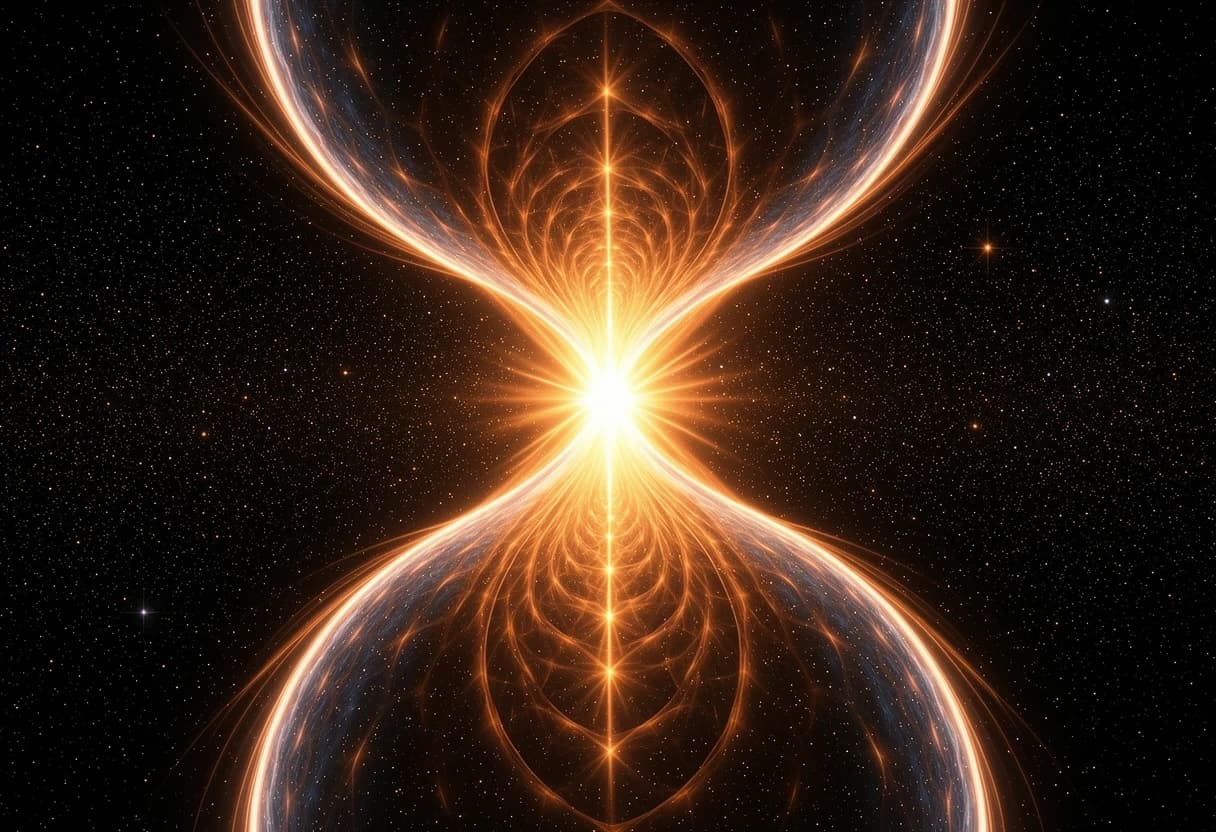 "A massive galactic quantum spiral shaped like an hourglass, consisting of two gigantic rotating energy funnels that taper and meet at the exact center. A blinding quantum flash explosion occurs at the convergence point where the funnels touch. Side view emphasizing the 3D volumetric structure and depth. The image highlights the boundless vastness of space with countless shimmering stars in the deep black background. Cinematic lighting, photorealistic, 8k resolution, epic scale, glowing energy filaments.