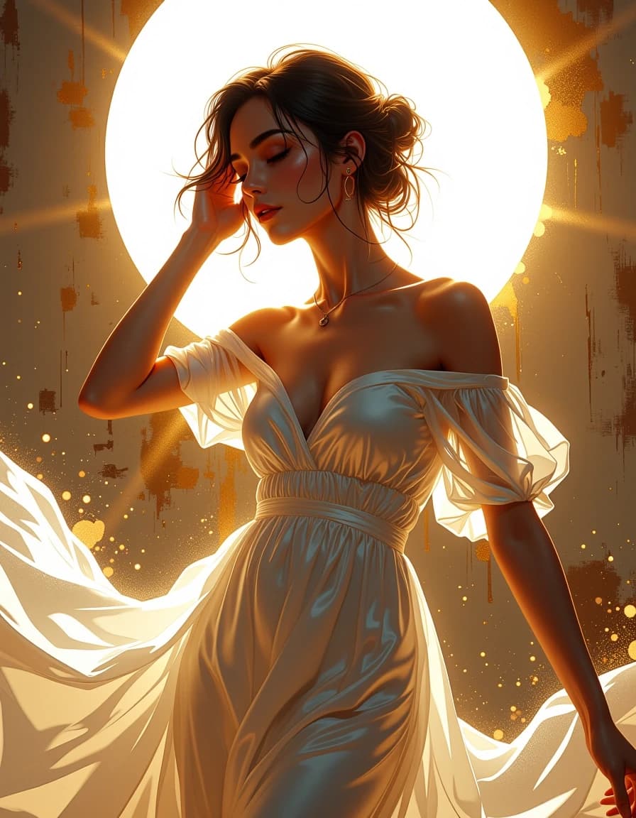 A masterpiece,  in the style of the 1980s, with bold lines, dynamic strokes and rich textures, on background with a touch of nostalgia, perhaps with subtle drawings inspired by cellulose and vintage, worn textures similar to paper, oil painting, Portrait-oriented ethereal digital painting of a graceful young woman in a sheer flowing white silk gown, captured in a backlit golden-hour halo with a radiant sunburst behind her head, dynamic three-quarter full-body pose with one arm raised and the other lightly touching her shoulder, loose tousled updo with soft wisps, delicate closed-eyes expression, warm amber and honey color palette, volumetric god rays and glowing particles, sparkling dust and bokeh highlights scattered through the scene, translucent fabric catching rim light and subtle micro-glitter, soft cinematic rim lighting, high-detail skin texture with soft painterly shading, crisp edges on fabric folds, shallow depth of field, gentle lens flare and subtle film grain, elegant dreamy romantic atmosphere, natural anatomy and proportions, flowing motion in the dress, emphasize warm glow, contrast between luminous foreground and muted distant background, high resolution, hyper-detailed, cinematic composition with balanced lighting and soft shadows. hdr