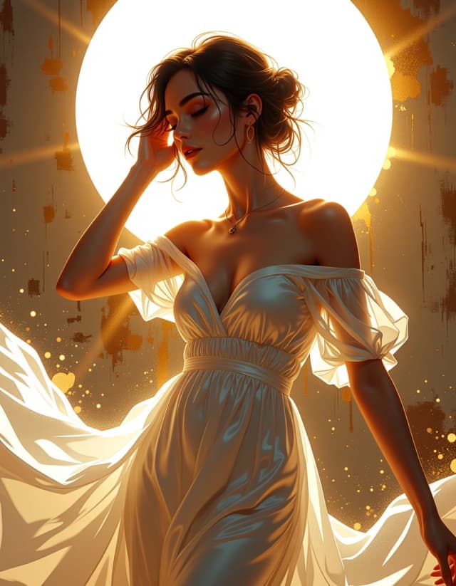 A masterpiece,  in the style of the 1980s, with bold lines, dynamic strokes and rich textures, on background with a touch of nostalgia, perhaps with subtle drawings inspired by cellulose and vintage, worn textures similar to paper, oil painting, Portrait-oriented ethereal digital painting of a graceful young woman in a sheer flowing white silk gown, captured in a backlit golden-hour halo with a radiant sunburst behind her head, dynamic three-quarter full-body pose with one arm raised and the other lightly touching her shoulder, loose tousled updo with soft wisps, delicate closed-eyes expression, warm amber and honey color palette, volumetric god rays and glowing particles, sparkling dust and bokeh highlights scattered through the scene, translucent fabric catching rim light and subtle micro-glitter, soft cinematic rim lighting, high-detail skin texture with soft painterly shading, crisp edges on fabric folds, shallow depth of field, gentle lens flare and subtle film grain, elegant dreamy romantic atmosphere, natural anatomy and proportions, flowing motion in the dress, emphasize warm glow, contrast between luminous foreground and muted distant background, high resolution, hyper-detailed, cinematic composition with balanced lighting and soft shadows. hdr