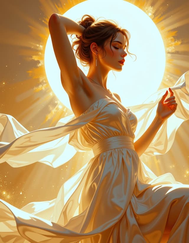 A masterpiece,  in the style of the 1980s, with bold lines, dynamic strokes and rich textures, on background with a touch of nostalgia, perhaps with subtle drawings inspired by cellulose and vintage, worn textures similar to paper, oil painting, Portrait-oriented ethereal digital painting of a graceful young woman in a sheer flowing white silk gown, captured in a backlit golden-hour halo with a radiant sunburst behind her head, dynamic three-quarter full-body pose with one arm raised and the other lightly touching her shoulder, loose tousled updo with soft wisps, delicate closed-eyes expression, warm amber and honey color palette, volumetric god rays and glowing particles, sparkling dust and bokeh highlights scattered through the scene, translucent fabric catching rim light and subtle micro-glitter, soft cinematic rim lighting, high-detail skin texture with soft painterly shading, crisp edges on fabric folds, shallow depth of field, gentle lens flare and subtle film grain, elegant dreamy romantic atmosphere, natural anatomy and proportions, flowing motion in the dress, emphasize warm glow, contrast between luminous foreground and muted distant background, high resolution, hyper-detailed, cinematic composition with balanced lighting and soft shadows. hdr