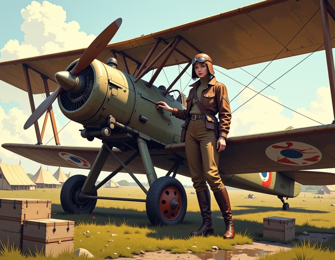 A masterpiece,  in the style of the 1980s, with bold lines, dynamic strokes and rich textures, on background with a touch of nostalgia, perhaps with subtle drawings inspired by cellulose and vintage, worn textures similar to paper, oil painting,   cinematic scene of a WWI-era two-seat biplane parked on a grassy, slightly muddy airfield with canvas tents in the background, weathered fabric wings, wooden struts, exposed radial engine cylinders and a polished wooden propeller, British roundel on the fuselage and lower wing, small wooden ladder and wooden crates on the ground nearby. A female aviator stands beside the lower wing, hand resting on the wingtip, wearing a brown leather flight jacket, wool turtleneck, high-waisted olive-brown breeches, tall leather riding boots, leather aviator helmet and goggles pushed up on her forehead, confident calm expression, gaze slightly off-camera. Warm late-afternoon golden hour sunlight, long soft shadows, subtle volumetric haze, muted earthy color palette with warm highlights, gentle film grain and slight vintage color grading. Wide cinematic composition, shallow depth of field (35mm equivalent, f/2.8) for subject separation, ultra-detailed textures, high-resolution, realistic lighting, natural skin tones, authentic period-accurate materials, dramatic but grounded mood, high dynamic range, crisp fine-detail on stitching, metal rivets, and fabric seams. hdr