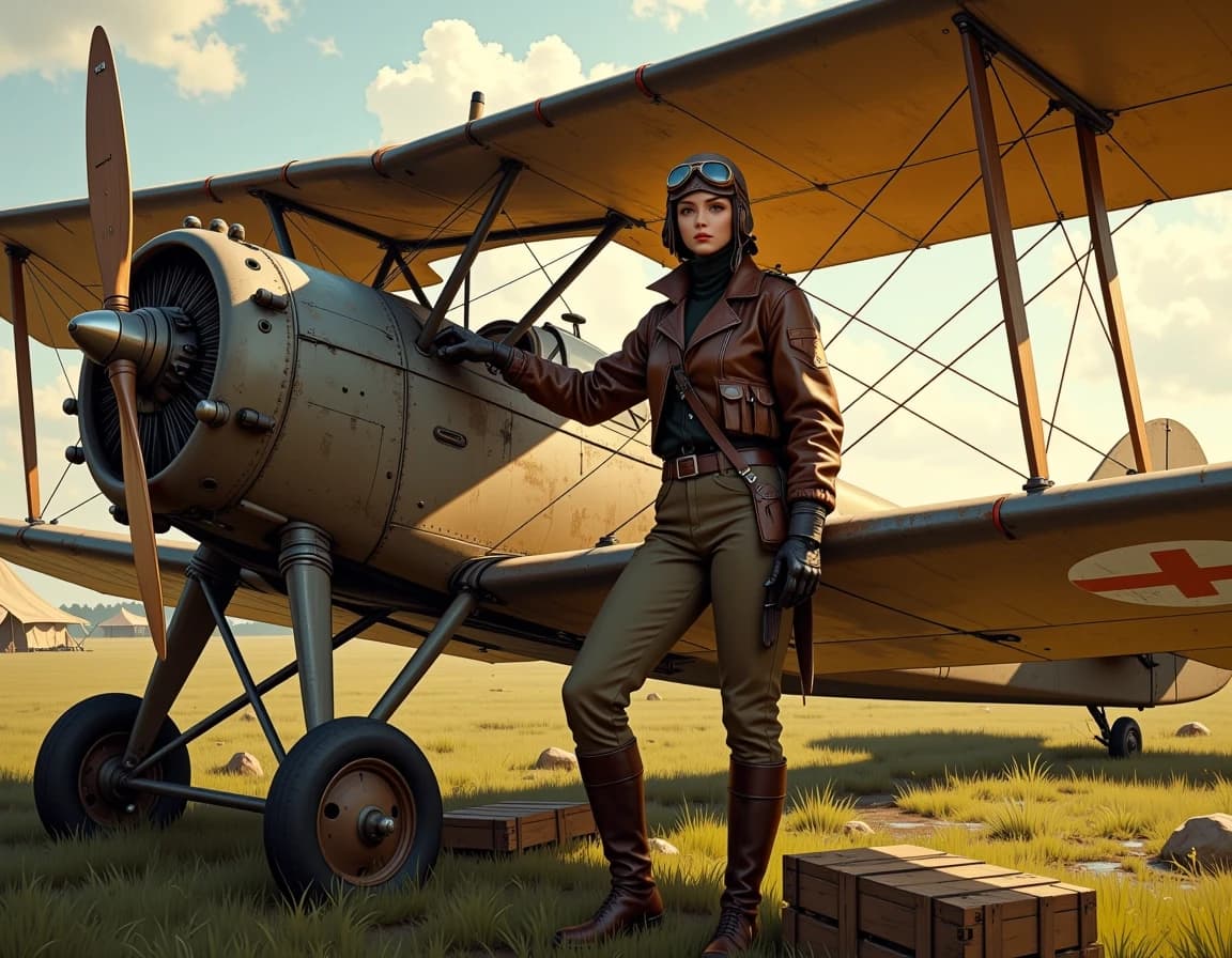 A masterpiece,  in the style of the 1980s, with bold lines, dynamic strokes and rich textures, on background with a touch of nostalgia, perhaps with subtle drawings inspired by cellulose and vintage, worn textures similar to paper, oil painting,   cinematic scene of a WWI-era two-seat biplane parked on a grassy, slightly muddy airfield with canvas tents in the background, weathered fabric wings, wooden struts, exposed radial engine cylinders and a polished wooden propeller, British roundel on the fuselage and lower wing, small wooden ladder and wooden crates on the ground nearby. A female aviator stands beside the lower wing, hand resting on the wingtip, wearing a brown leather flight jacket, wool turtleneck, high-waisted olive-brown breeches, tall leather riding boots, leather aviator helmet and goggles pushed up on her forehead, confident calm expression, gaze slightly off-camera. Warm late-afternoon golden hour sunlight, long soft shadows, subtle volumetric haze, muted earthy color palette with warm highlights, gentle film grain and slight vintage color grading. Wide cinematic composition, shallow depth of field (35mm equivalent, f/2.8) for subject separation, ultra-detailed textures, high-resolution, realistic lighting, natural skin tones, authentic period-accurate materials, dramatic but grounded mood, high dynamic range, crisp fine-detail on stitching, metal rivets, and fabric seams. hdr