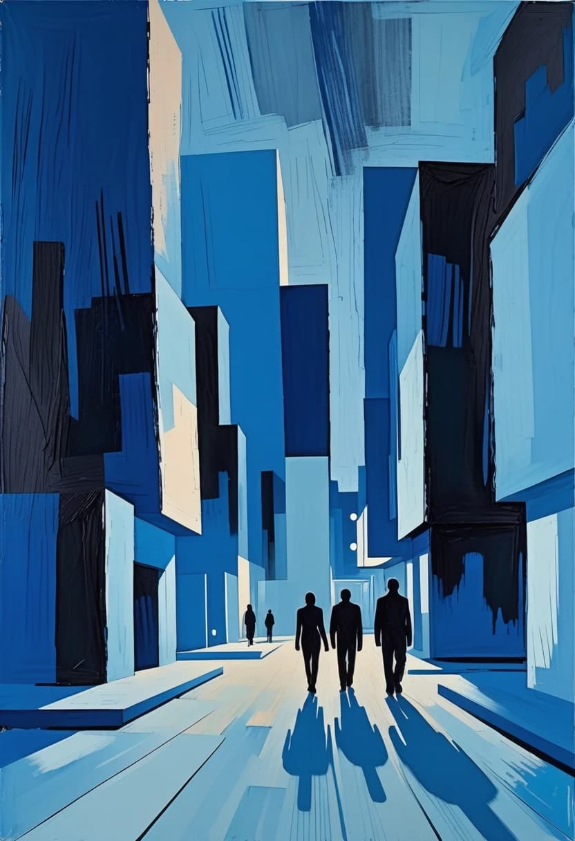 In the style of Malcolm T. Leipke
on a blue background,
night landscape, modern architectural landscape, walking silhouettes of people, angular, nervous brushstrokes, on a rough background, pastel, unfinished study
minimalism