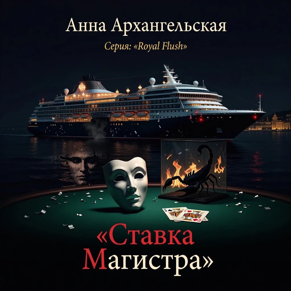 Book cover for a Russian-language psychological detective thriller.  Автор: Анна Архангельская, серия: "Королевский флеш", название: "СТАВКА МАГИСТРА", Vertical 2:3 composition. Cinematic digital painting in a high-end noir style. Белая маска двуликого Януса, A luxurious Mediterranean cruise liner at night, viewed from a high-angle perspective, drifting through the deep, ink-black waters of a winter sea near the shimmering, distant golden lights of Monte Carlo. The ship is an imposing silhouette of elegance and hidden menace: the upper decks glow with a warm, opulent amber light, while the lower decks dissolve into thick, smoke-like shadows. 

In the sharp foreground, a dramatic still life: a single, pristine white porcelain theatrical half-mask floats weightlessly above a deep emerald green felt poker table. Beside it, the dark, menacing silhouette of a black scorpion is visible inside a glass terrarium. Two playing cards lie on the felt: the King of Spades and the King of Hearts, with a Joker card partially tucked beneath them. The surface of the dark water below reflects a haunting, distorted human face, blending reality with psychological dread. 

Lighting: Dramatic chiaroscuro, with warm gold highlights clashing against midnight navy shadows. Small, piercing crimson emergency lights and glints of silver confetti provide sharp accents. Subtle reflections of fire dance within the glass elements. Mood: Expensive, tense, psychological suspense, winter glamour, and noir mystery. Palette: Midnight navy, emerald green, old gold, ivory white, and controlled crimson. Composition: Uncluttered, leaving clean, atmospheric space
