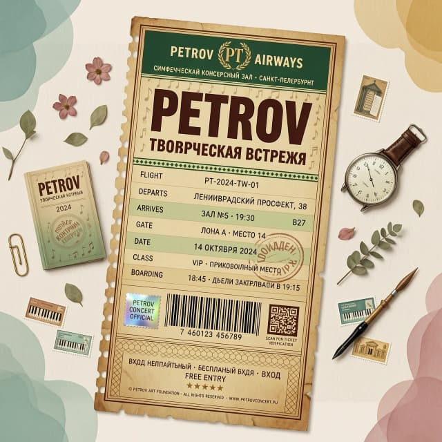 создай пример картонного билета на концерт с надписью "PETROV Творческая встреча" в виде посадочного талона на самолёт