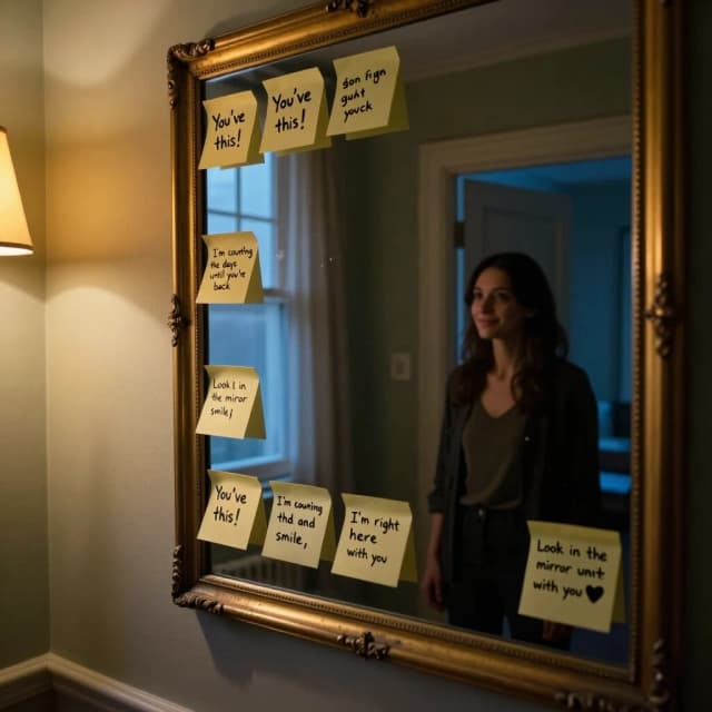 Prompt:
A poignant, hyper-realistic wide-angle shot, 8k RAW. A dimly lit hallway with a large, antique gold-framed mirror reflecting a quiet, lonely apartment. Along the edge of the mirror, a sequence of handwritten sticky notes are pasted, serving as a daily emotional support for someone far away. The notes, in a warm and caring feminine handwriting, say: "You've got this!", "I'm counting the days until you're back", and "Look in the mirror and smile, I'm right here with you ❤️". In the mirror's reflection, a woman is seen standing in the doorway, her silhouette softened by the shadows; she is looking at the notes with a bittersweet smile and a gaze full of longing. Lighting: a melancholic mix of cool blue twilight filtering through the window and the warm, dim yellow glow of a hallway lamp, creating a stark contrast between the coldness of the room and the warmth of the messages. Shot on Nikon Z9, 35mm lens, f/2.8, capturing the raw texture of the mirror's silvering, the slight peeling of the paper corners, and the emotional depth of a love that transcends distance.