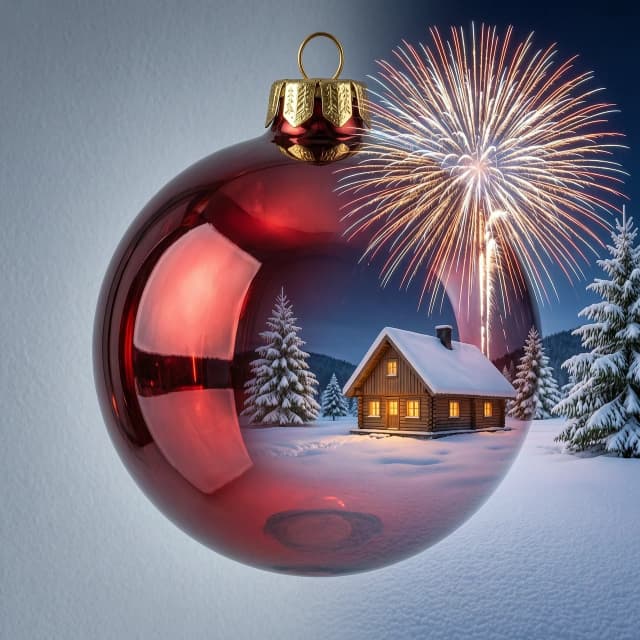 A hyperrealistic digital double exposure artwork for New Year's. Three distinct images are seamlessly blended: the detailed, reflective surface of a red glass bauble, a snowy fairytale landscape with a cozy cottage, and the vibrant, colorful explosion of a firework in a night sky. Expert mixing of textures – smooth glass, soft snow, sparkling light trails. Rendered in a trending Artstation style with extreme photorealism, intricate details, and a magical, layered composition that evokes holiday wonder.