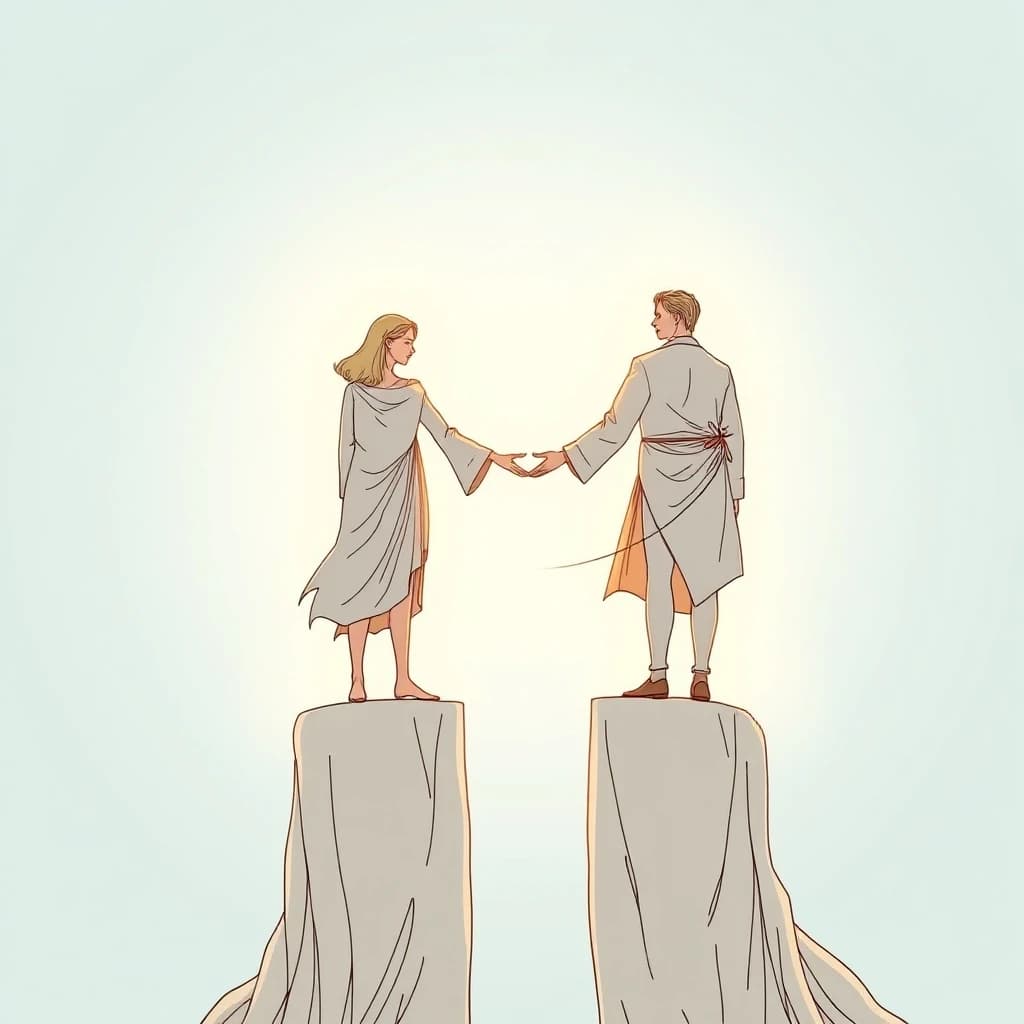 Two figures stand on separate pillars of light, connected by a bridge of energy. Neither leans on the other. Both are whole. The background is a vast open sky. Style: romantic comic art, gold, soft blue, white, balance, harmonious composition.