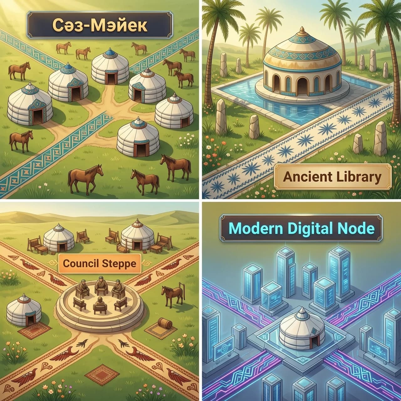 Prompt: A detailed 2D vector board game map illustration for an educational game called 'Сөз-Мәйек'. Beautiful Kazakh cultural aesthetic with subtle traditional ornaments integrated into the paths. The map is divided into 5 distinct stylized regions: a traditional village, an ancient library/oasis, a nomad camp, an ancient council steppe, and a modern digital node town. Bright colors, clean layout, isometric view, high resolution, soft lighting, UI game board design --ar 16:9