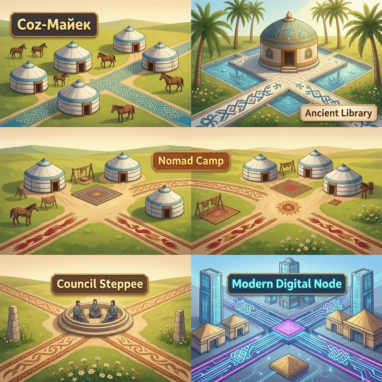 Prompt: A detailed 2D vector board game map illustration for an educational game called 'Сөз-Мәйек'. Beautiful Kazakh cultural aesthetic with subtle traditional ornaments integrated into the paths. The map is divided into 5 distinct stylized regions: a traditional village, an ancient library/oasis, a nomad camp, an ancient council steppe, and a modern digital node town. Bright colors, clean layout, isometric view, high resolution, soft lighting, UI game board design --ar 16:9