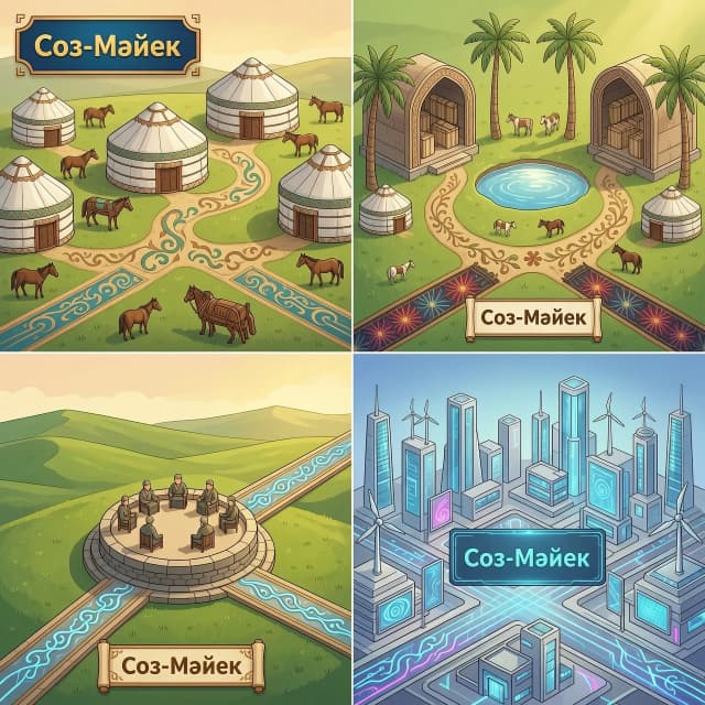 Prompt: A detailed 2D vector board game map illustration for an educational game called 'Сөз-Мәйек'. Beautiful Kazakh cultural aesthetic with subtle traditional ornaments integrated into the paths. The map is divided into 5 distinct stylized regions: a traditional village, an ancient library/oasis, a nomad camp, an ancient council steppe, and a modern digital node town. Bright colors, clean layout, isometric view, high resolution, soft lighting, UI game board design --ar 16:9