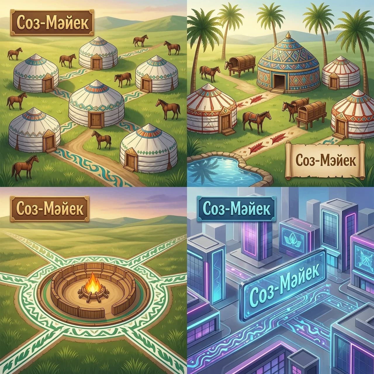Prompt: A detailed 2D vector board game map illustration for an educational game called 'Сөз-Мәйек'. Beautiful Kazakh cultural aesthetic with subtle traditional ornaments integrated into the paths. The map is divided into 5 distinct stylized regions: a traditional village, an ancient library/oasis, a nomad camp, an ancient council steppe, and a modern digital node town. Bright colors, clean layout, isometric view, high resolution, soft lighting, UI game board design --ar 16:9