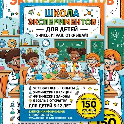 Афиша на русском языке Школа экспериментов. Стоимость 150 рублей