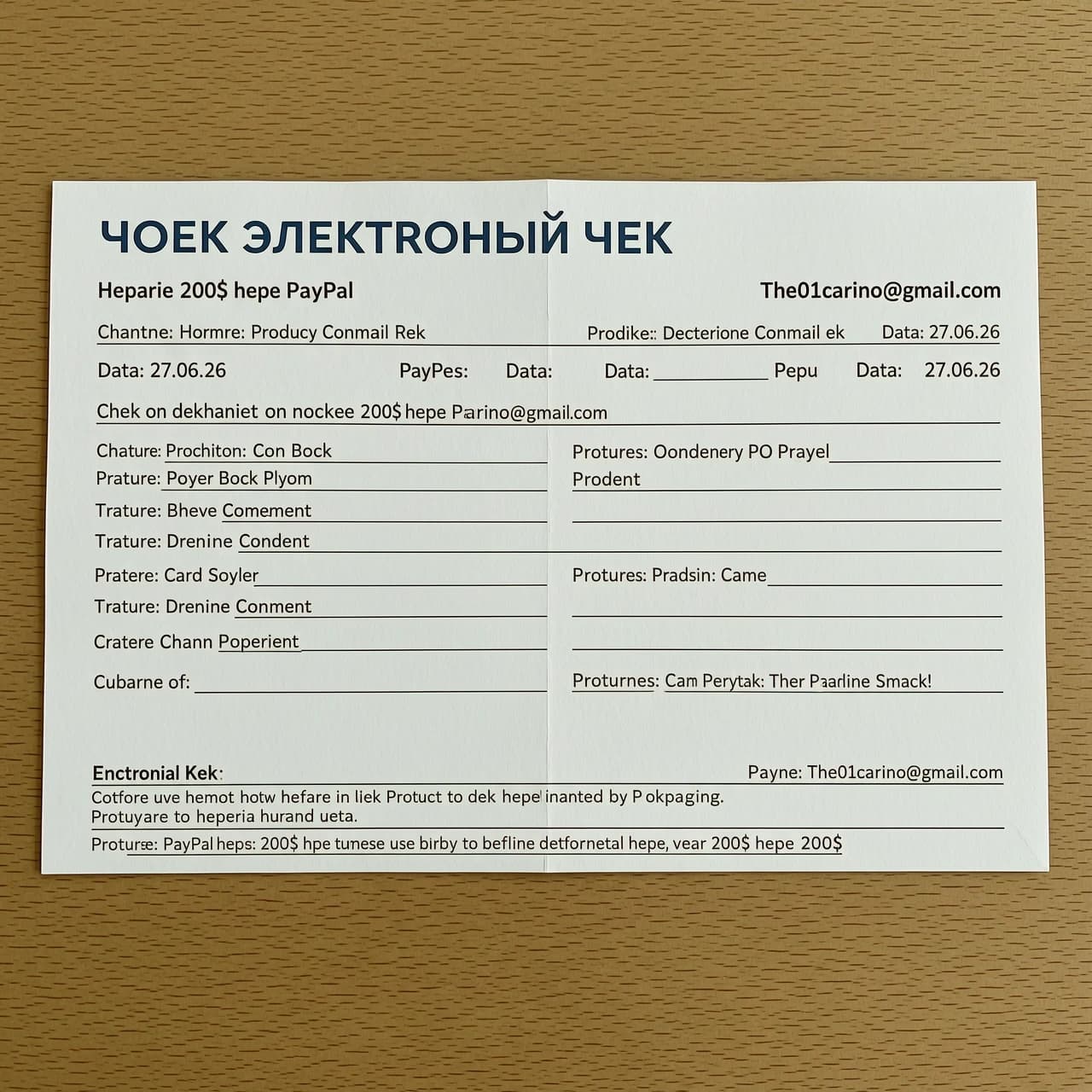 Сгенерурий электронный чек об отправке 200$ через PayPal по почте The01carino@gmail.com
Чек на английском языке, дата 27.06.26, сделай так, чтобы все было как настоящий чек