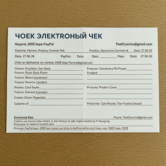 Сгенерурий электронный чек об отправке 200$ через PayPal по почте The01carino@gmail.com
Чек на английском языке, дата 27.06.26, сделай так, чтобы все было как настоящий чек