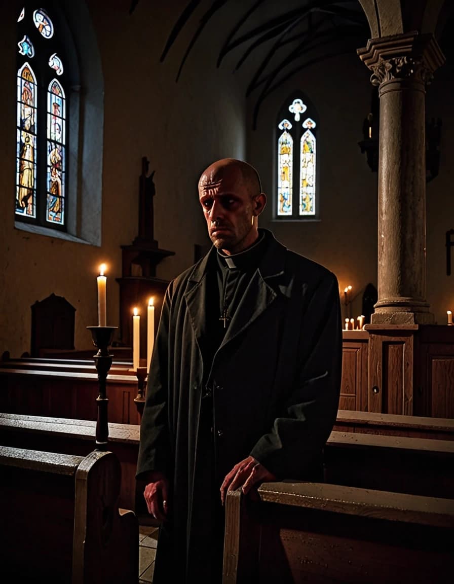 The hour before dawn inside an ancient European church. A weary hitman, exhausted by years of sleepless nights, stands beside the confessional and looks toward the altar. He has removed his dark coat and left it on a wooden pew. His face is finally calm, but his eyes carry profound sadness. The first cold light of dawn begins to enter through tall windows. The last candles are burning low, their golden reflections fading across the stone walls. One single candle quietly burns on the altar. A visual metaphor: the night of his past is ending, and a new day is beginning. Highly atmospheric cinematic frame, photorealistic, soft lighting, deeply emotional, vertical format.