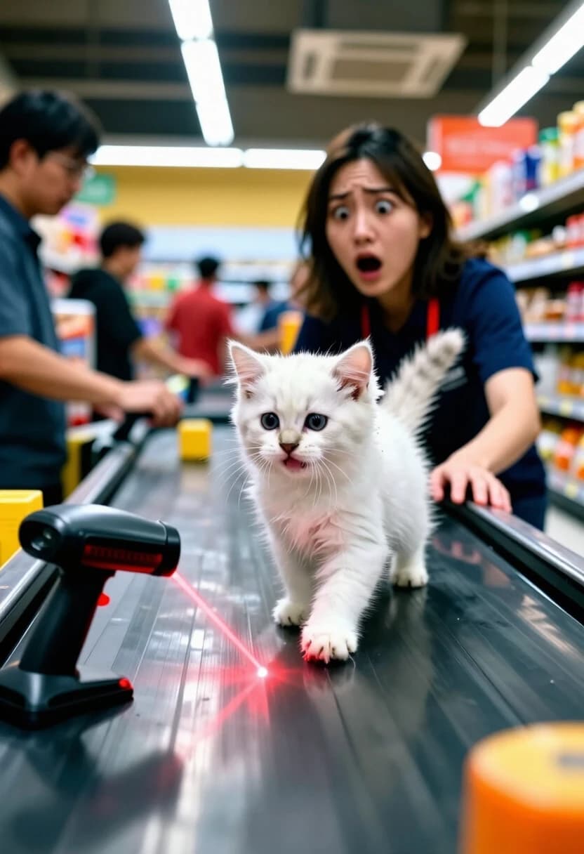 A high-octane, 8k hyper-realistic action shot with a wide-angle lens, captured from a low-angle perspective right on the supermarket conveyor belt. The focal point is a tiny, ultra-fluffy white kitten, its paws mid-air as it playfully swats at a red laser beam of a barcode scanner. The kitten's fur is detailed down to every individual hair, contrasting with the cold, metallic surface of the belt. In the immediate background, a young female cashier is captured in a candid, expressive moment of shock; her eyes are wide, eyebrows arched high, and her mouth is slightly agape in a mix of panic and adoration. The background is a whirlwind of motion blur: disgruntled customers, colorful product packaging, and bright fluorescent ceiling lights creating a sense of overwhelming chaos. Lighting: harsh, clinical supermarket lighting with strong highlights and deep, realistic shadows, emphasizing the volume of the scene. Shot on Sony A7R IV, 24mm f/2.8, capturing the raw, candid energy of the moment, skin pores, the wetness of the kitten's nose, and the vivid, saturated colors of the grocery store. Cinematic tension, immersive depth, storytelling through facial expression.