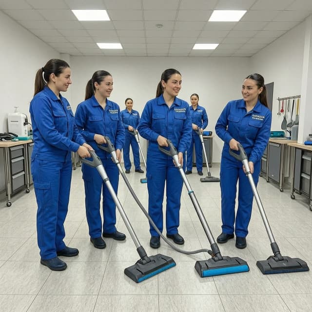 клининг уборка команда казашки с оборудованием синий форме девушки