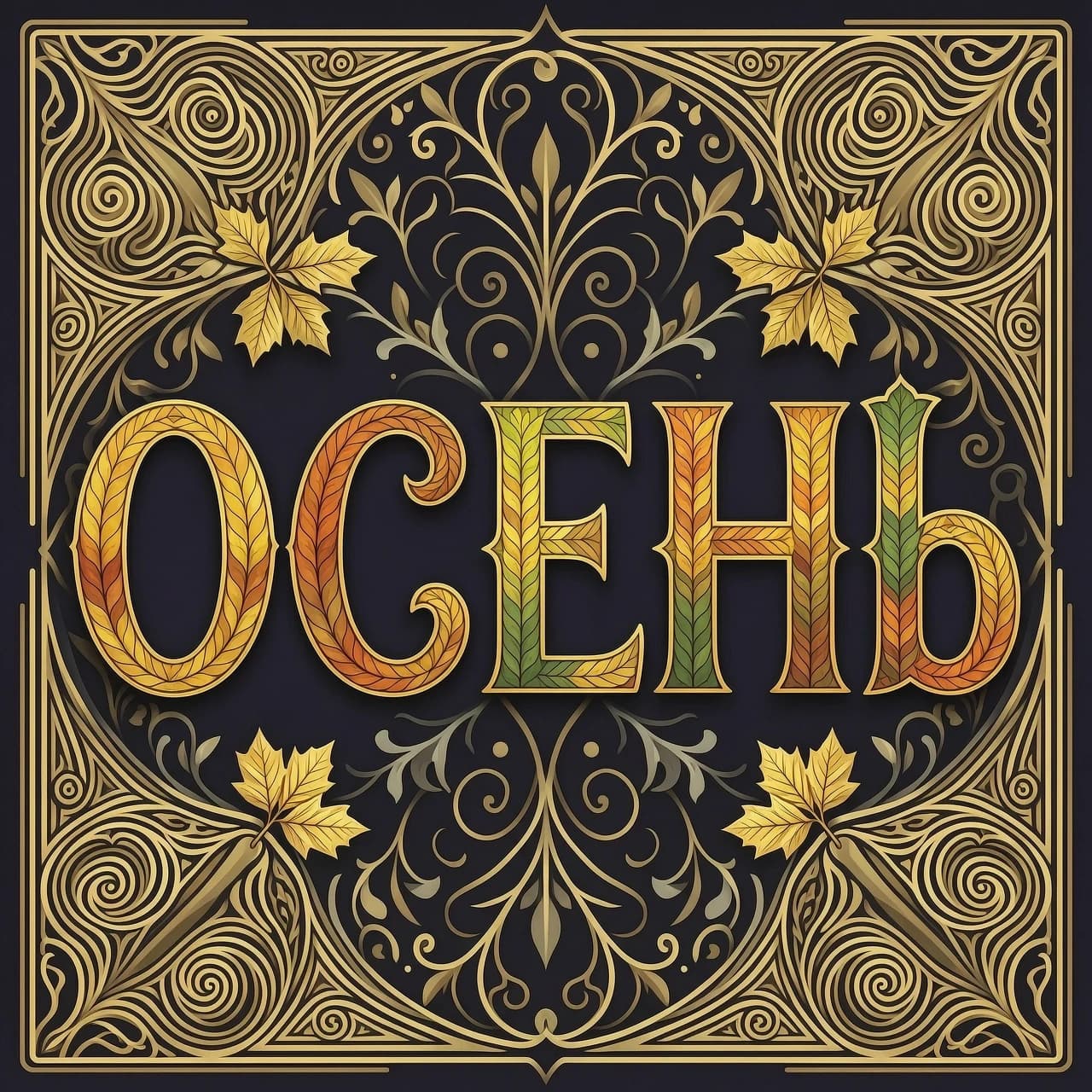 Digital image with double exposure and overlay of layers and textures. Vector graphics. The word "OCEHb" is made of gold, crimson and green skeletonized textured autumn leaves in various shades of yellow, orange, green and red. An unusual font made of autumn leaves. A very detailed and impressive font. Font and background contrast, fading, gradient. Background: a lot of dark with light ornaments. Delicate elements of the floral pattern. Gothic, decorative style, Art Nouveau. Abstract vector fractal pattern, Zentangle, Gothic, dark art. In the style of Alphonse Mucha, Gustav Klimt, Aubrey Beardsley and Roman Tirtov. High level of detail.